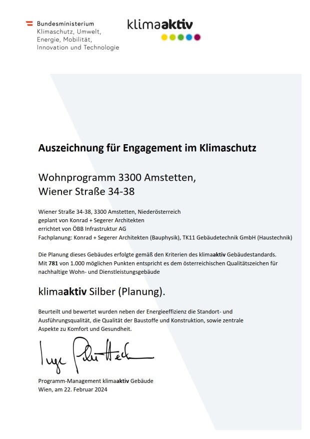 Auszeichnung klimaaktiv Silber (Planung) 2024 des BMIMI für Engagement im Klimaschutz für Wohprogramm 3300 Amstetten, Wiener Straße 34-38. Haustechnik durch TK11.